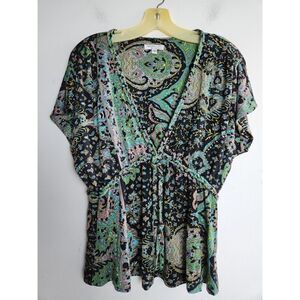 Nieves Lavi Women Black & Green Pasley 100% Silk V-Neck Blouse size Medium